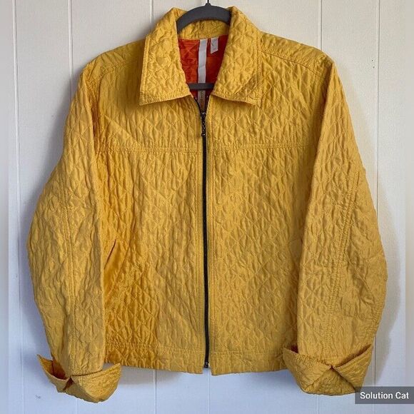 debra deRoo Women’s Jacket Medium Yellow Silk Quilted Zip Jacket Orange Lining - Picture 1 of 7